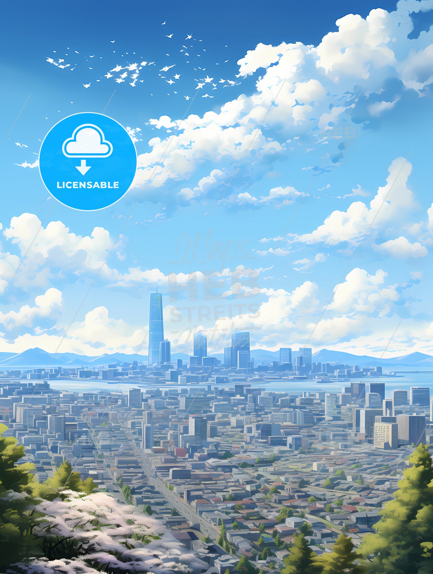 A Cityscape With Trees And Blue Sky