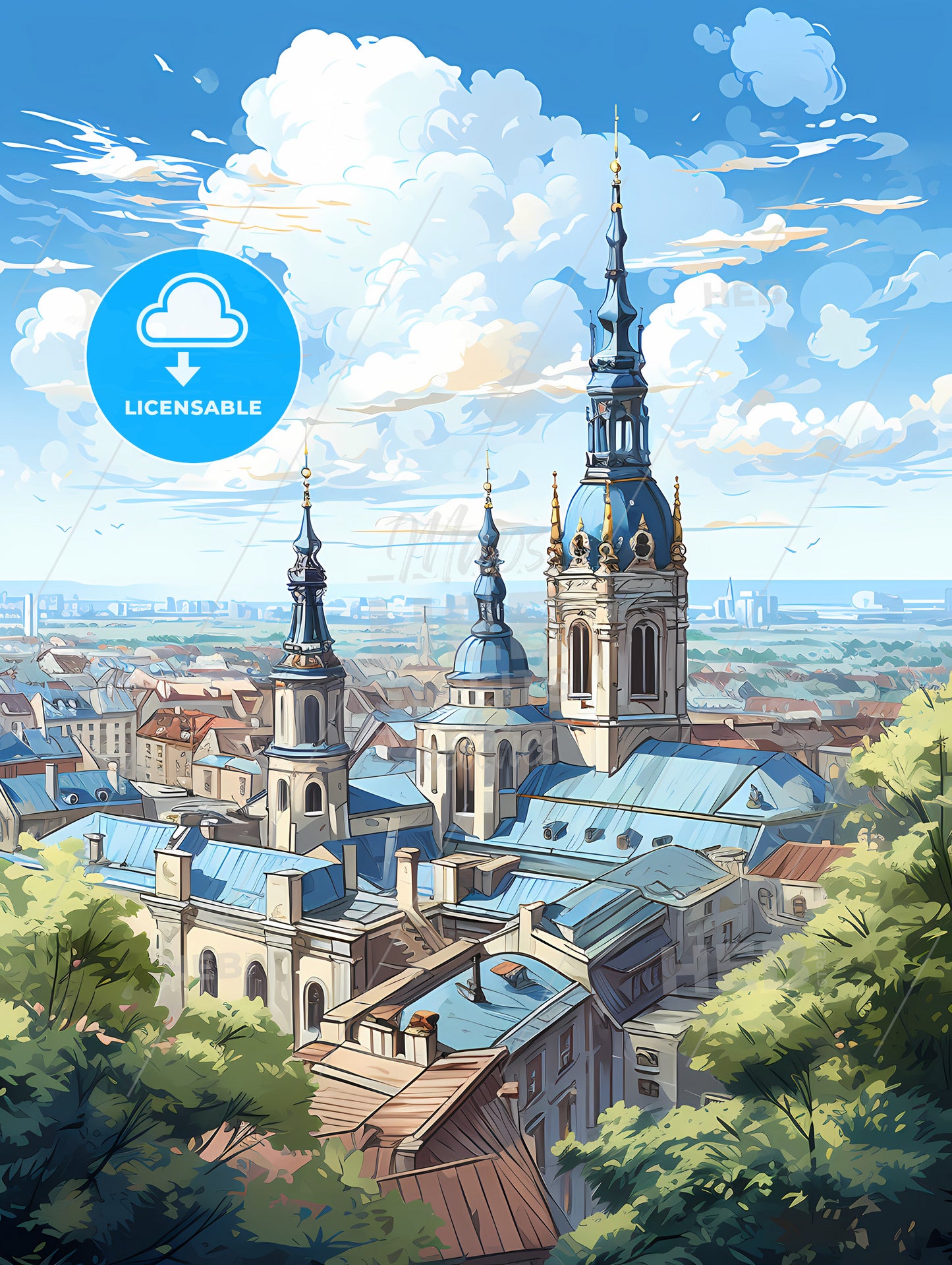 A Large Building With Blue Roofs And Towers