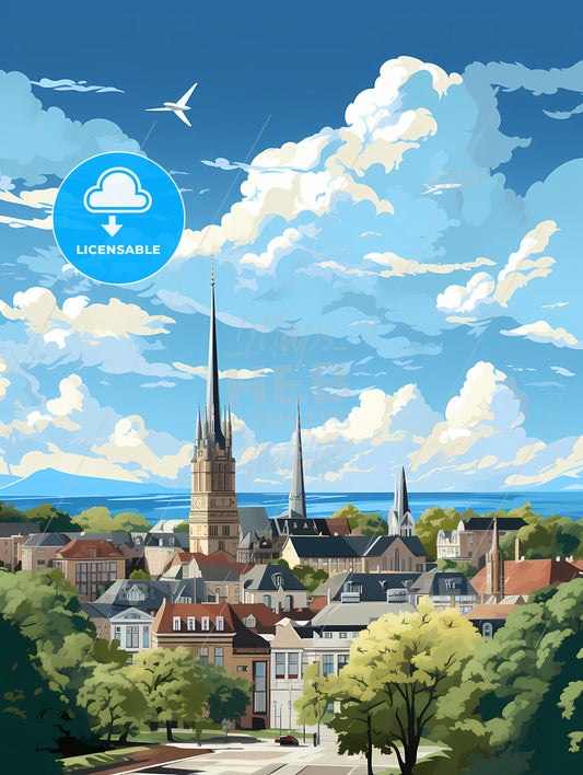 A City With A Tall Spire And Trees