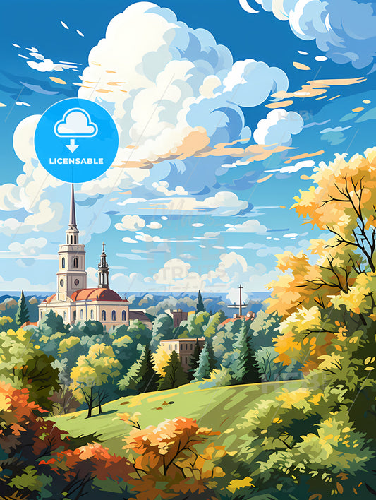 A Landscape With Trees And A Building