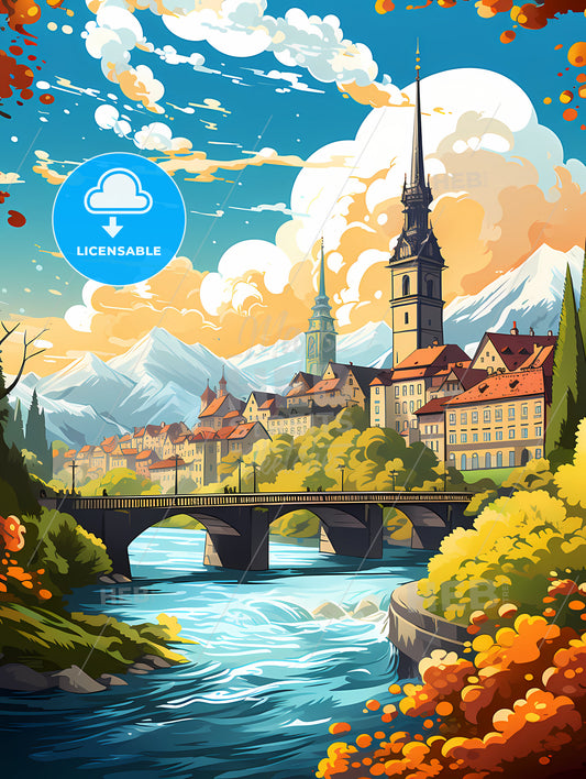 A Bridge Over A River With A City And Mountains