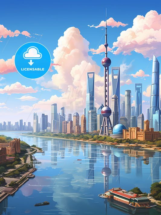 A Cityscape With A River And A Cloudy Sky