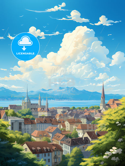 A City With A Lake And Mountains In The Background