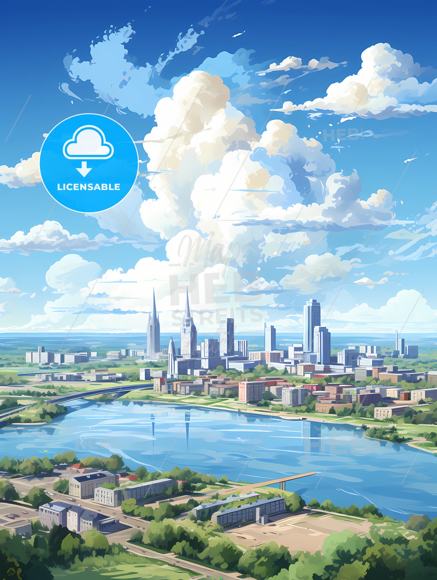 A Cityscape With A River And A Cloudy Sky