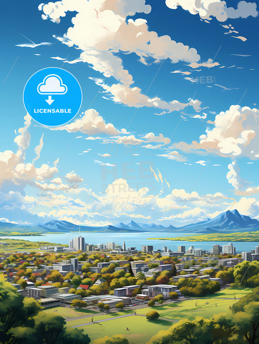 A City With Trees And Mountains In The Background