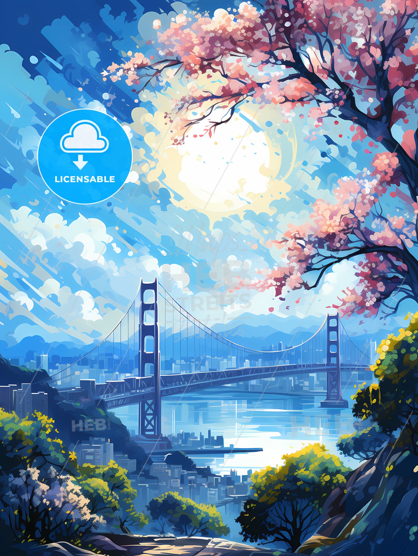 A Painting Of A Bridge Over Water