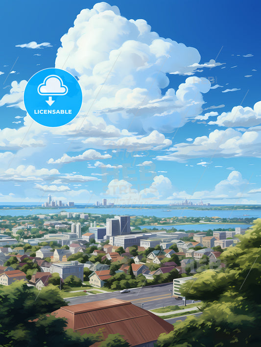 A Cityscape With A Road And Buildings