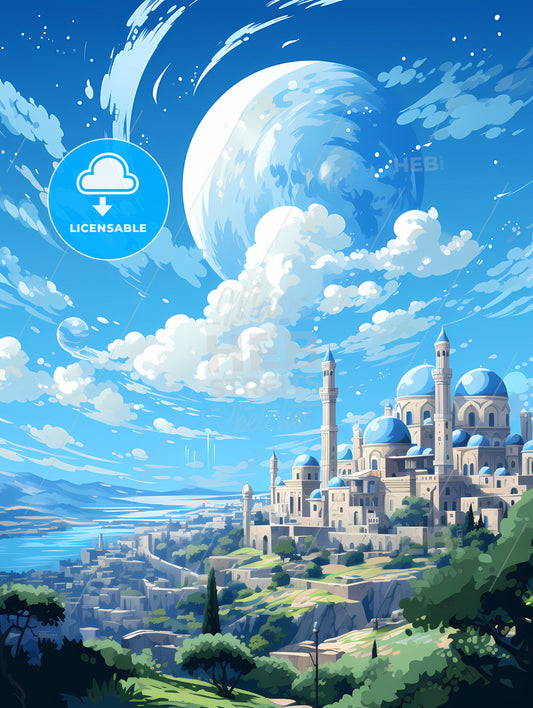 A City With Towers And Towers On A Hill With Water And Clouds