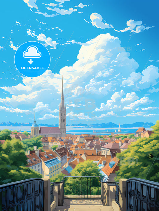 A City With A Tall Tower And Trees