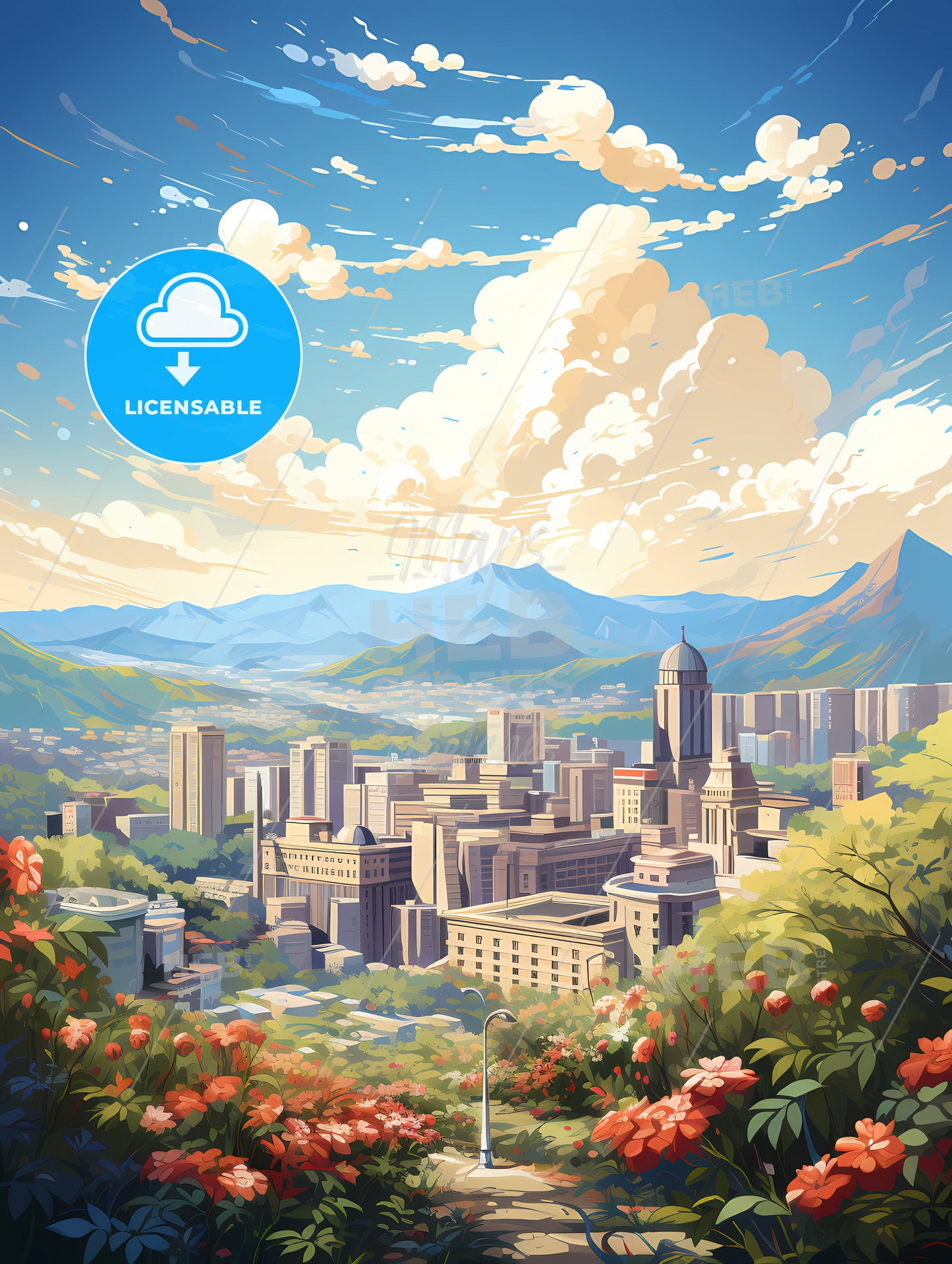 A City Landscape With Mountains And Flowers