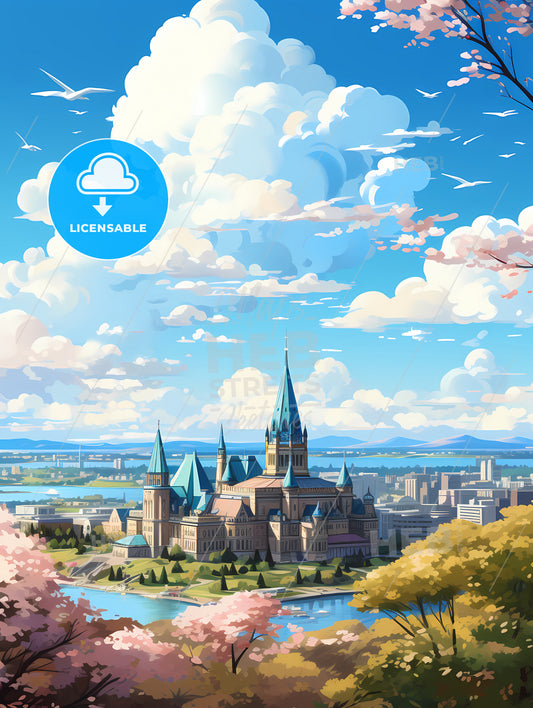 A Castle With A River And Trees In The Background