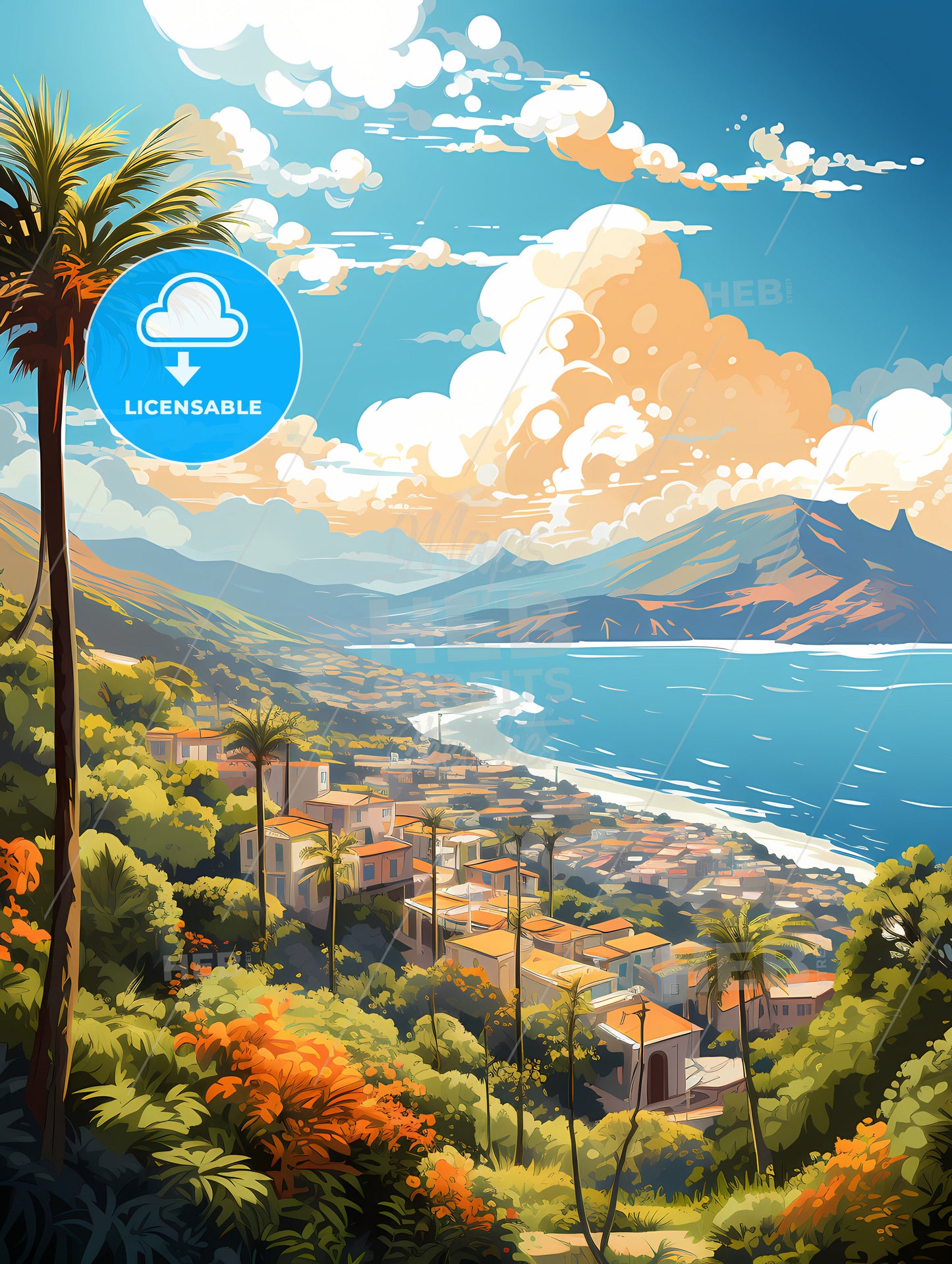 A Landscape Of A Town By The Water