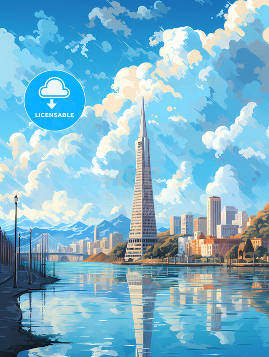 A City With A Tall Tower And A Body Of Water