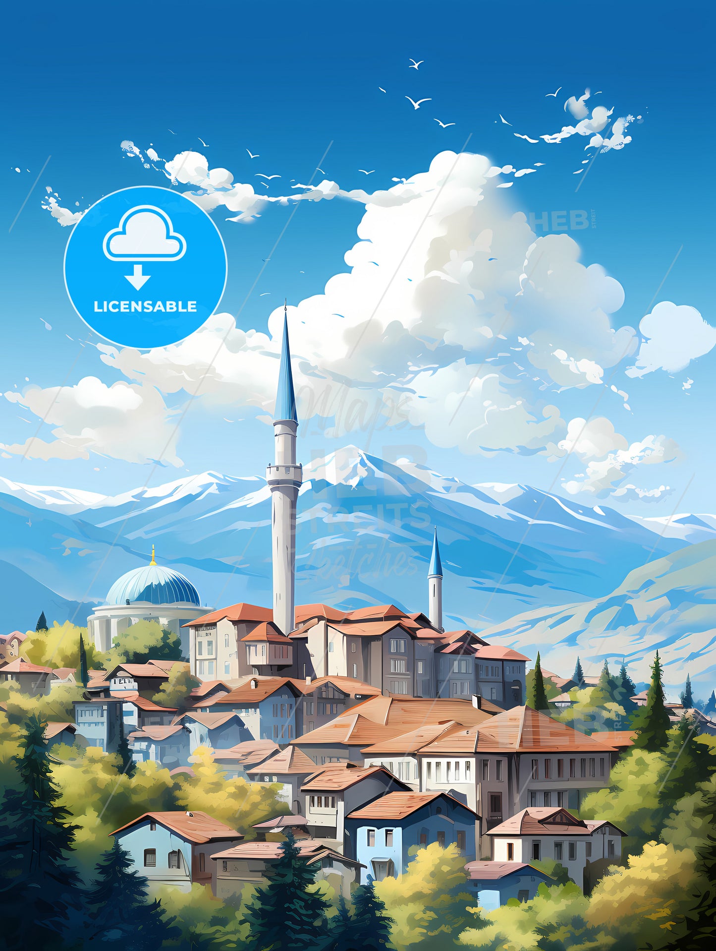 A City With A Tower And Mountains In The Background