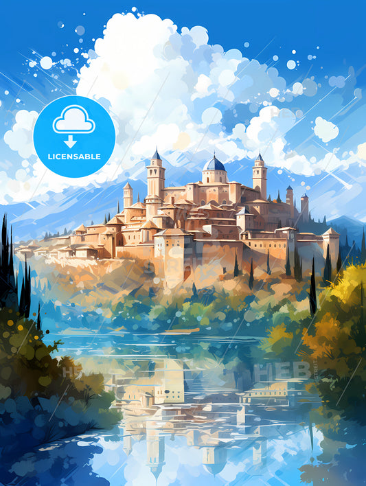 A Castle On A Hill With Trees And Water