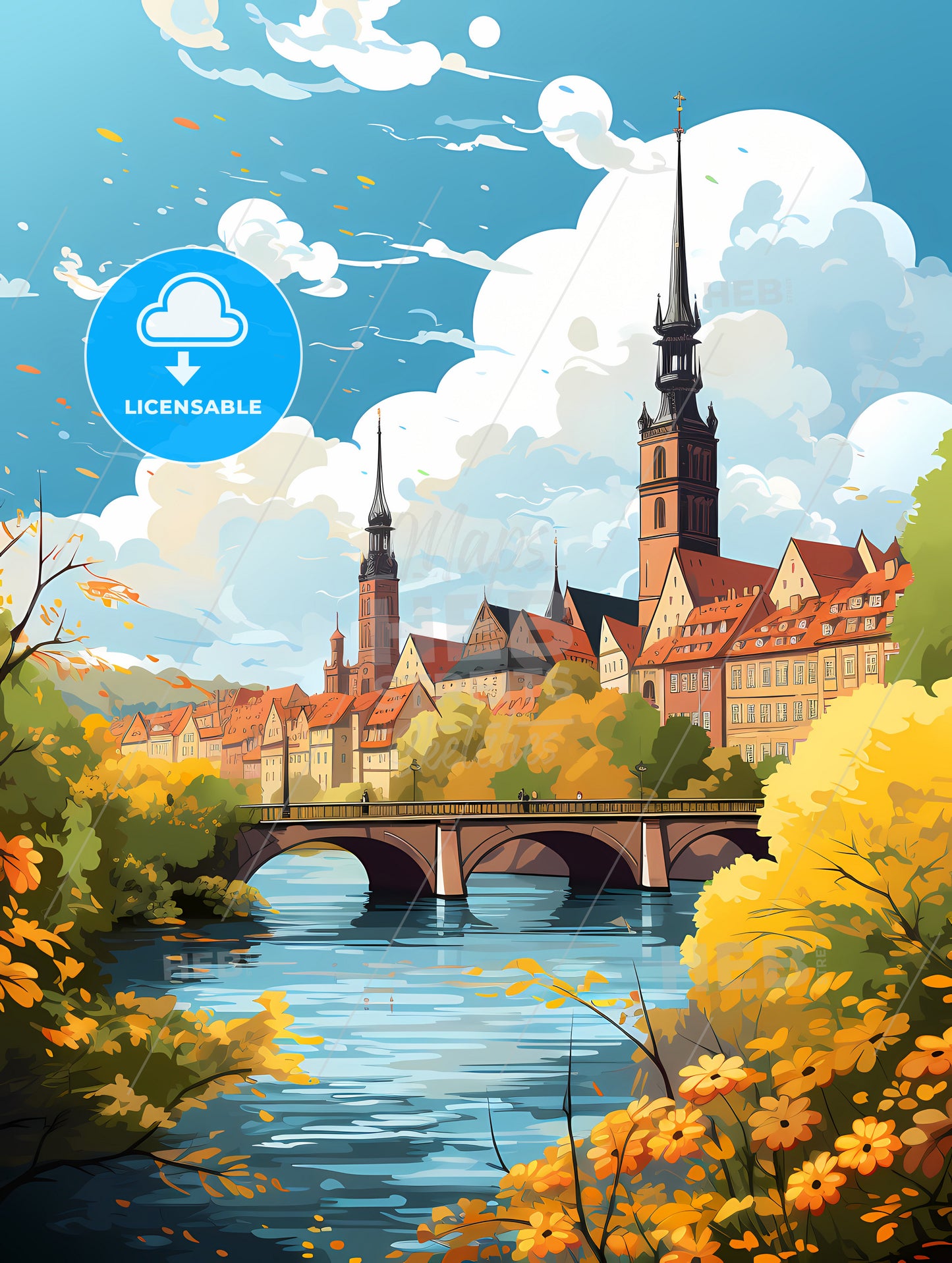 A Bridge Over A River With Trees And Buildings