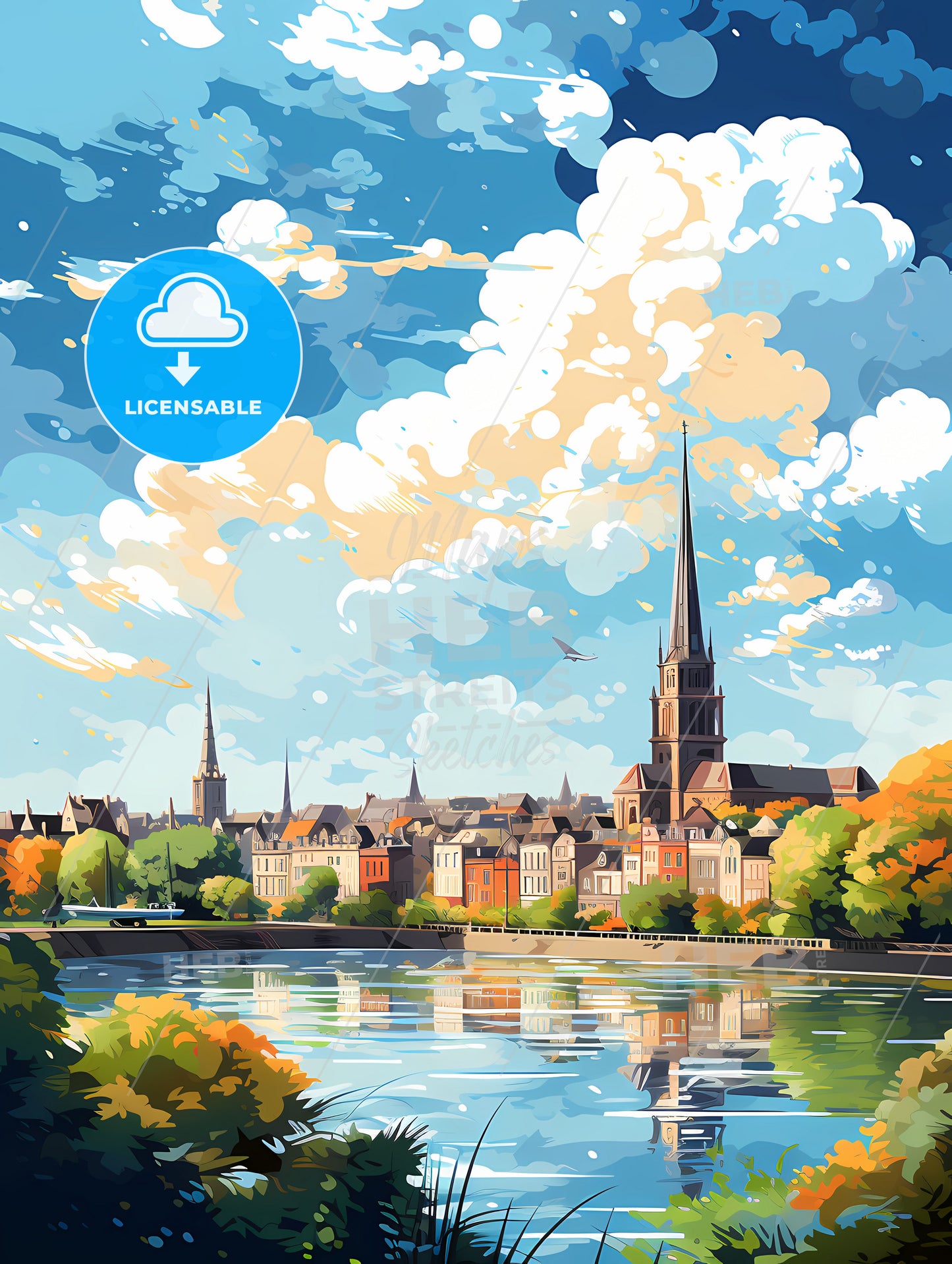 A Water Body With A Church And Trees In The Background