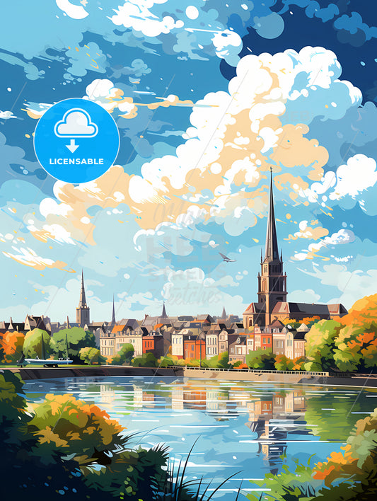 A Water Body With A Church And Trees In The Background