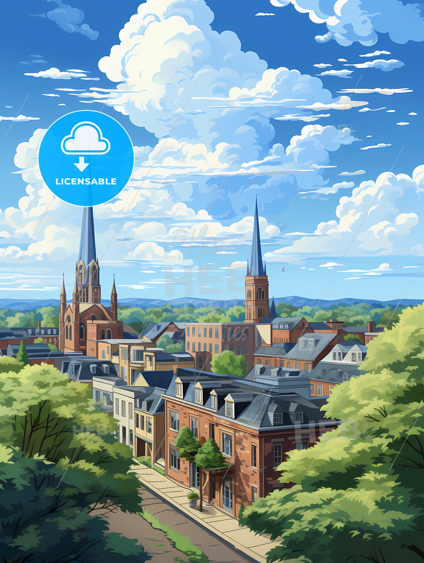 A City With A Steeple And Trees