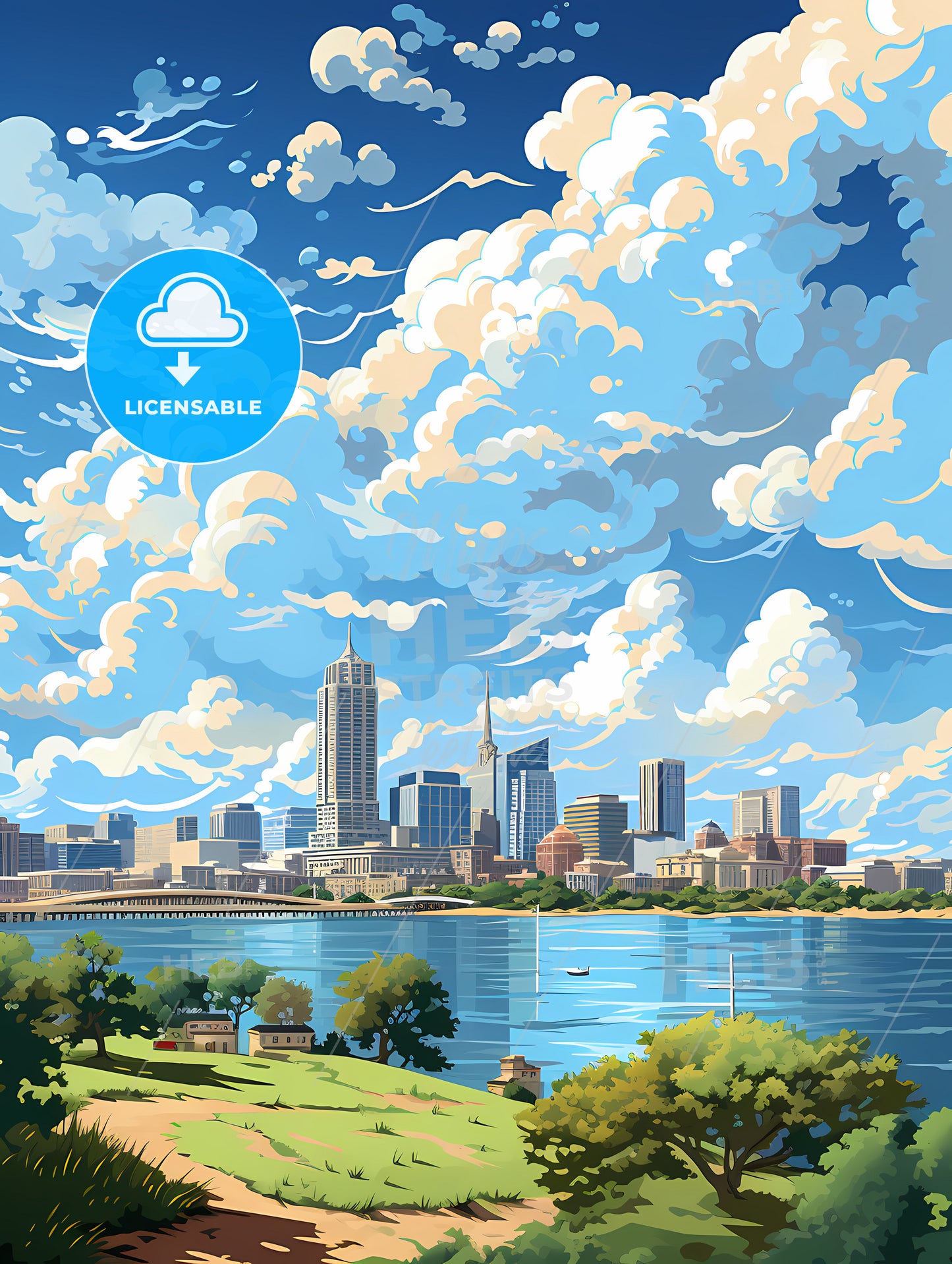 A Cityscape With A Body Of Water And Clouds
