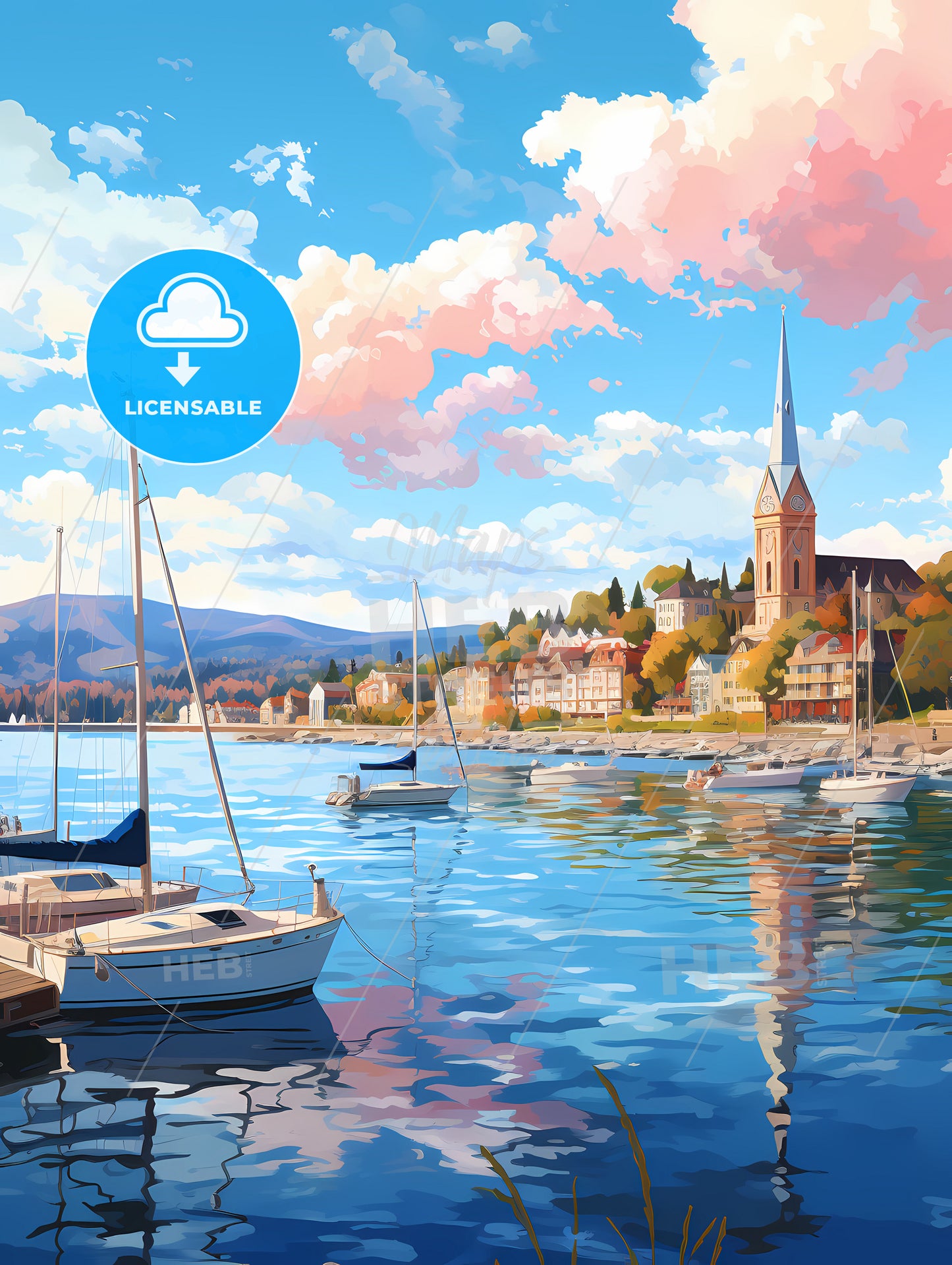 A Water With Boats And A Church In The Background