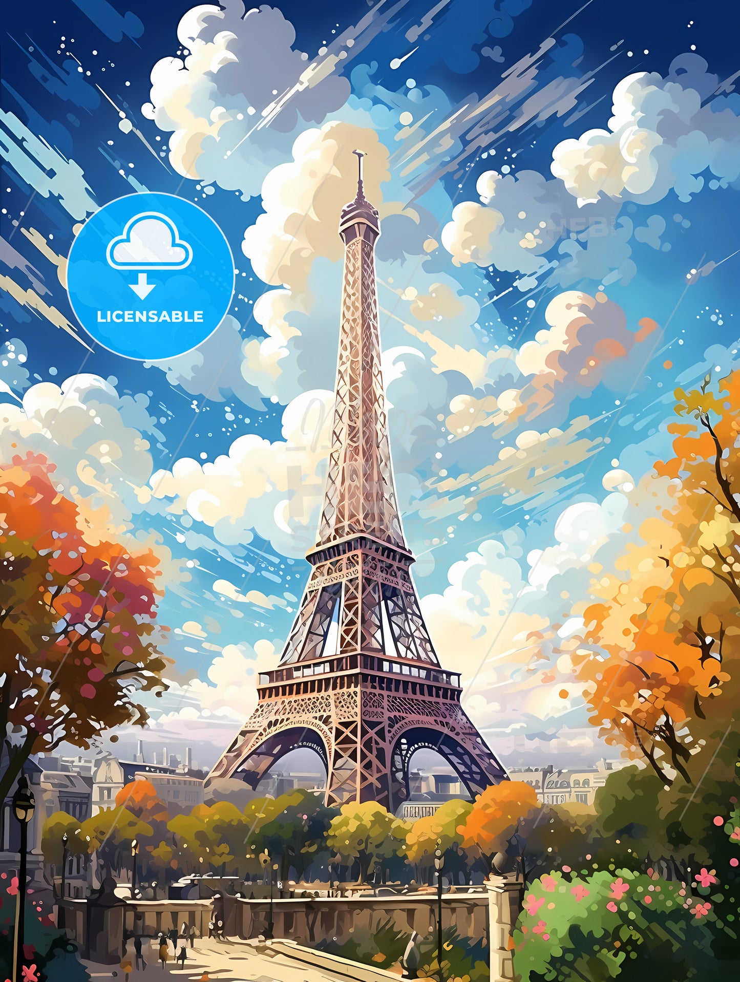 Eiffel Tower With Trees And Clouds In The Sky