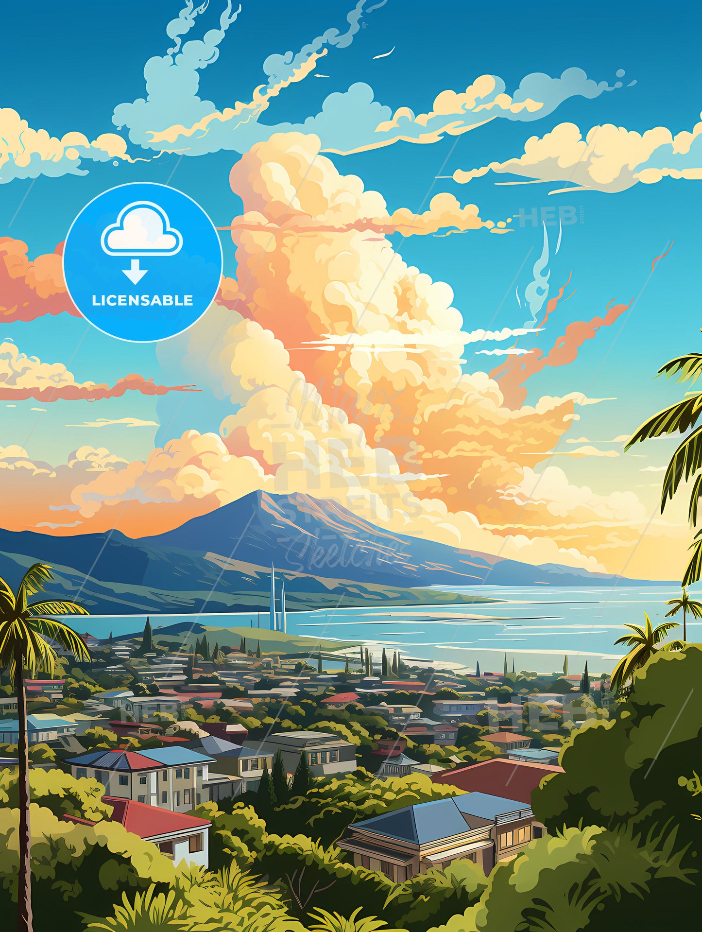 A Landscape Of A Town With Palm Trees And A Mountain In The Background