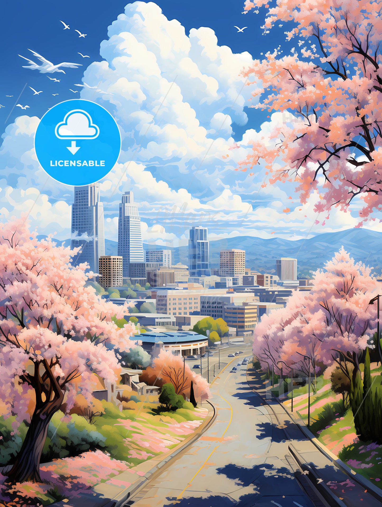 A City With Pink Trees And Buildings