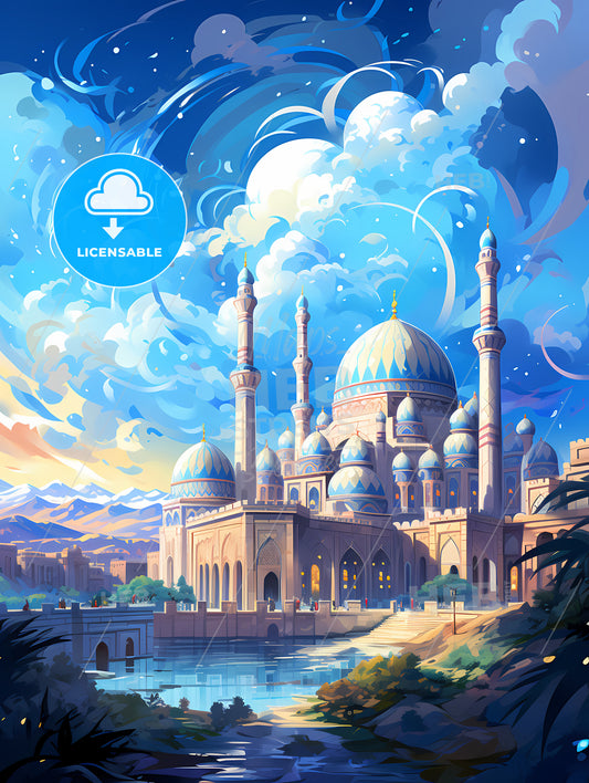 A Large Building With Domes And A Pond