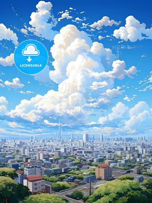 A Large City With Many Buildings And A Blue Sky With Clouds