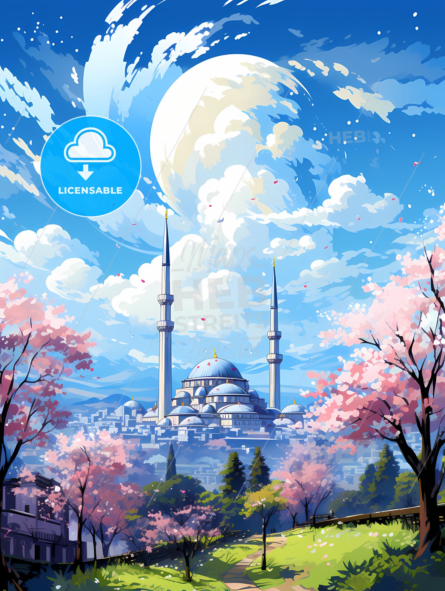 A Building With Towers And Towers In Front Of A Blue Sky With Clouds