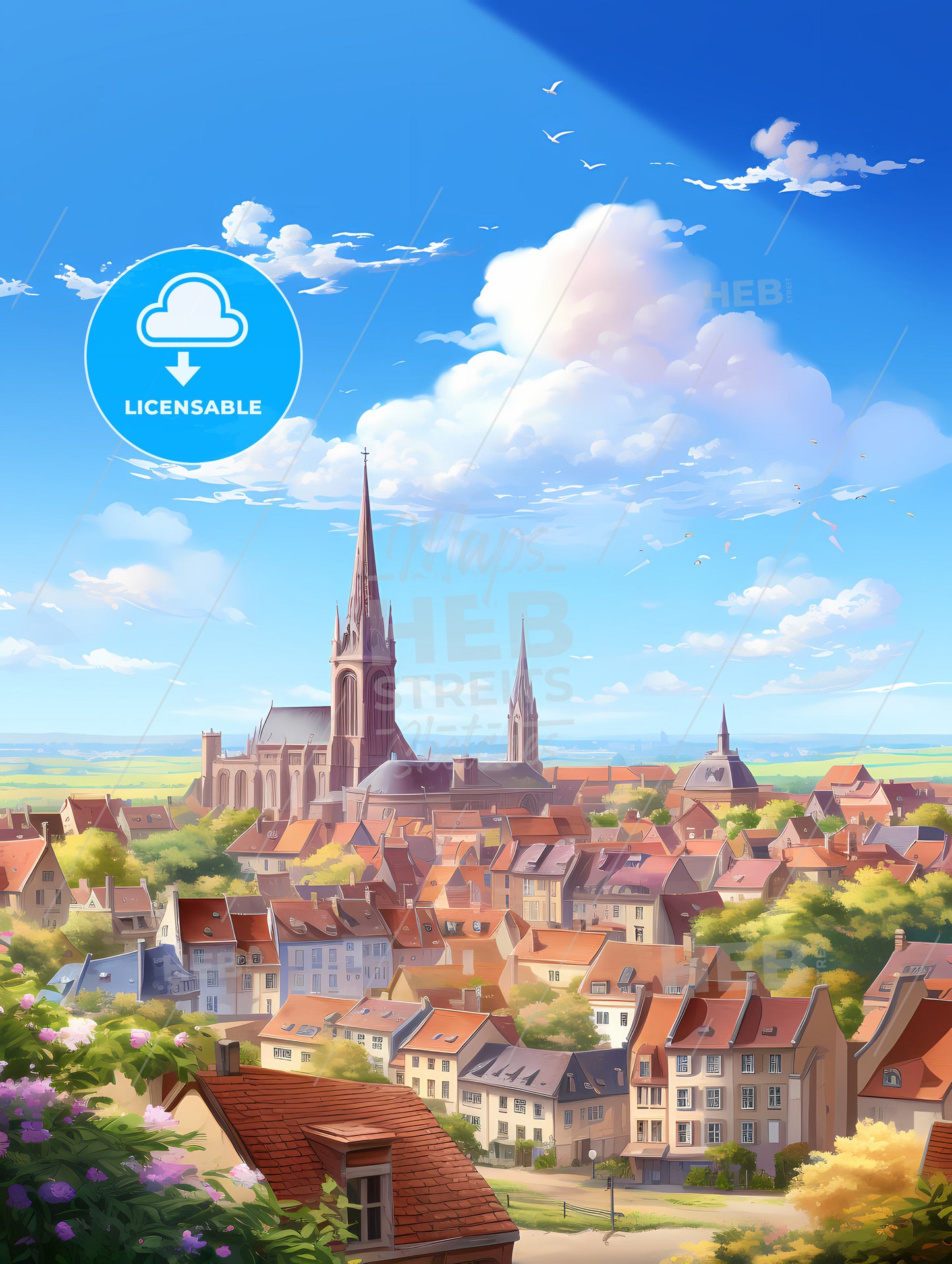 A City With A Church And Buildings