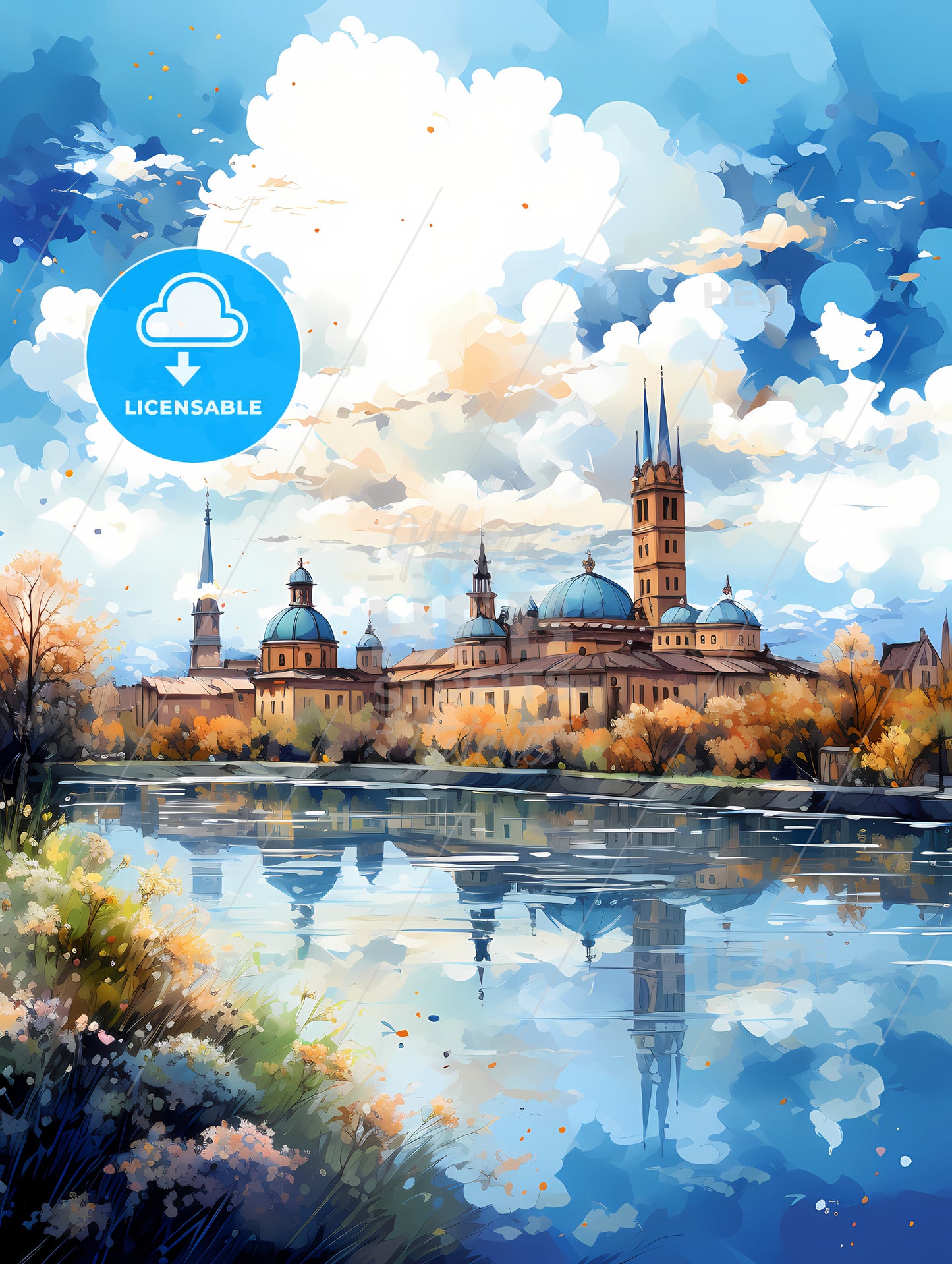 A Watercolor Painting Of A Building With Blue Domes And Trees