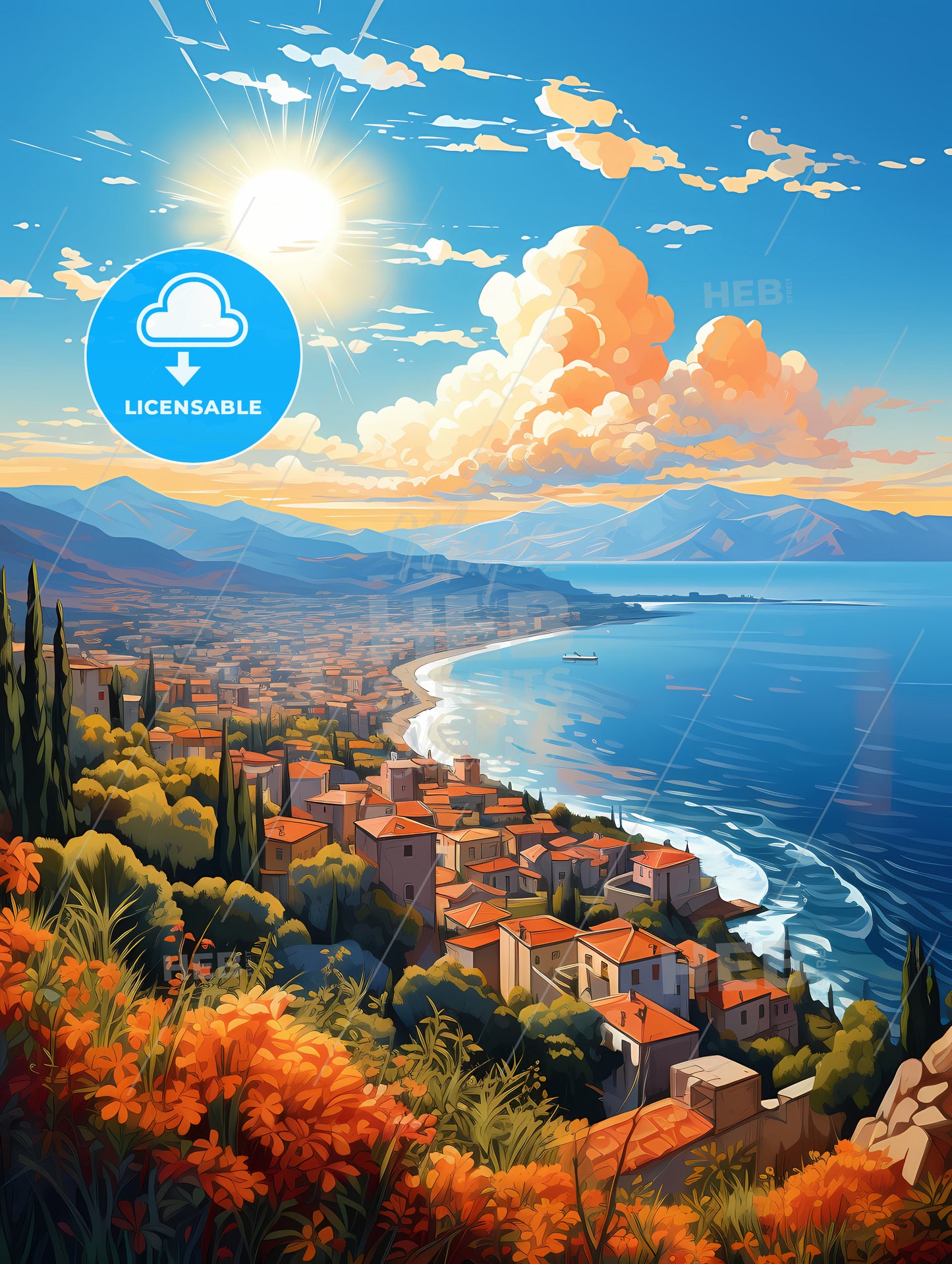 A Landscape Of A Town On A Hill With A Body Of Water And Mountains