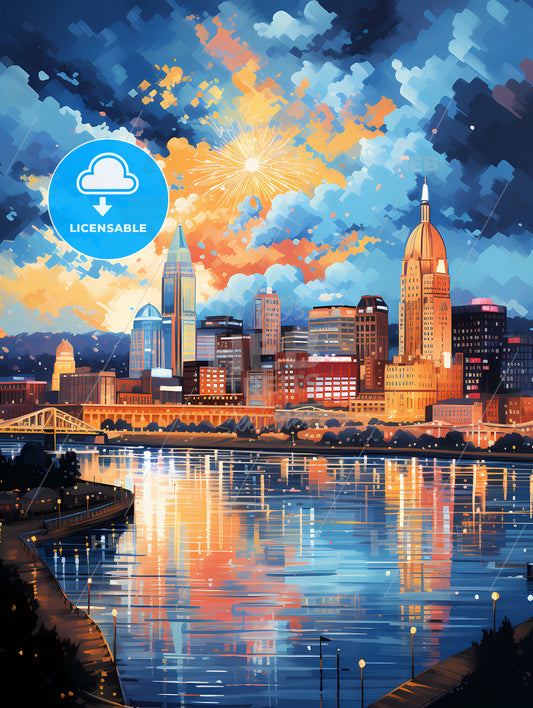 A Cityscape With A Firework In The Sky