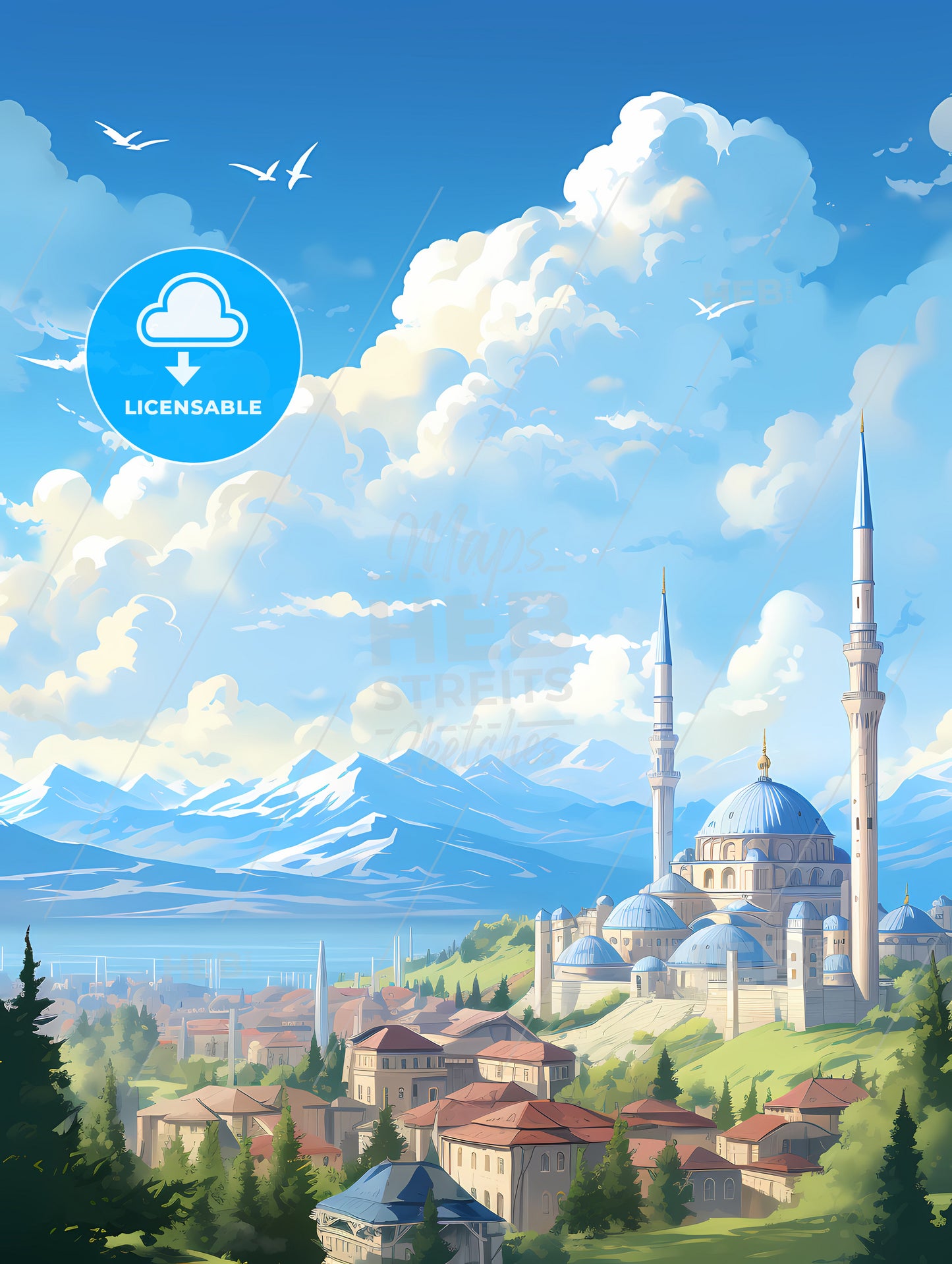 A Landscape Of A City With A Blue Dome Building And Mountains