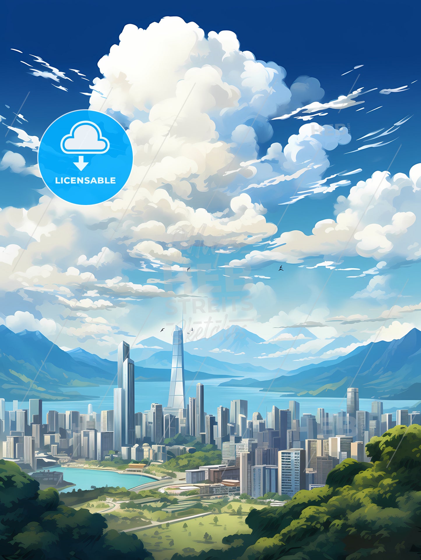 A Cityscape With Mountains And Water