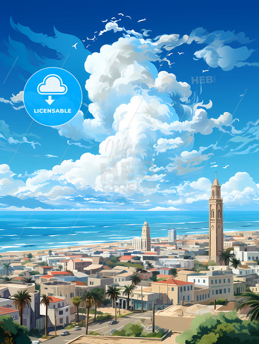 A City With A Tower And Palm Trees And A Beach