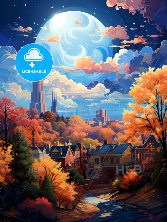 A Colorful Landscape With Trees And Buildings