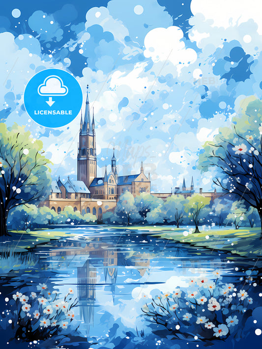 A Painting Of A Castle And A Pond