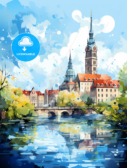 A Watercolor Painting Of A City With A Bridge And Trees