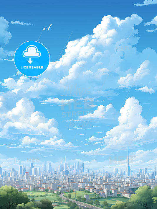 A Blue Sky With Clouds And A City