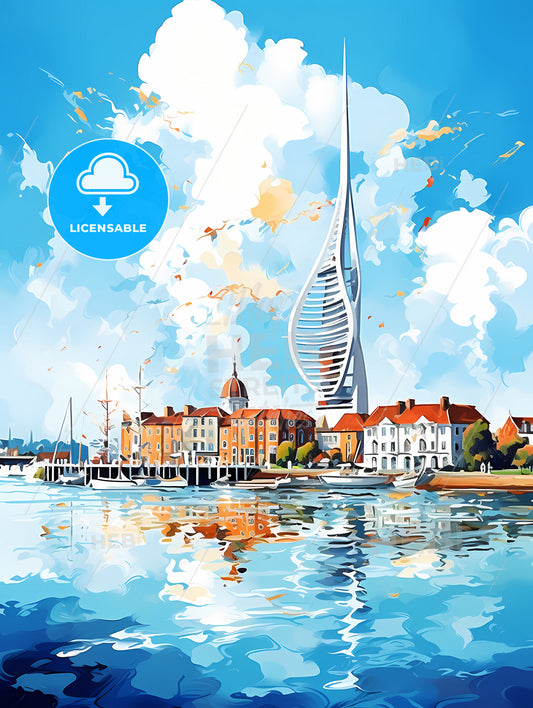 A Watercolor Of A City And A Tall Tower