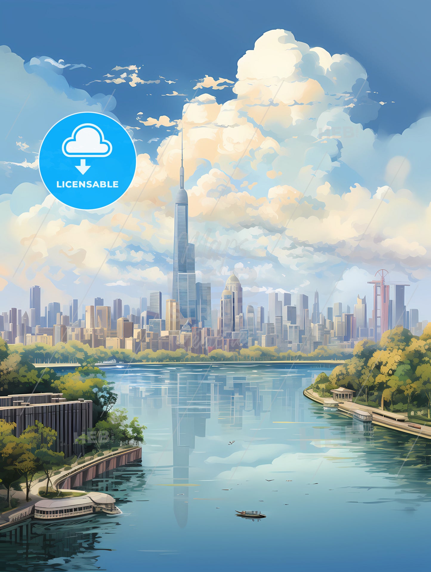 A City Skyline With Trees And A River