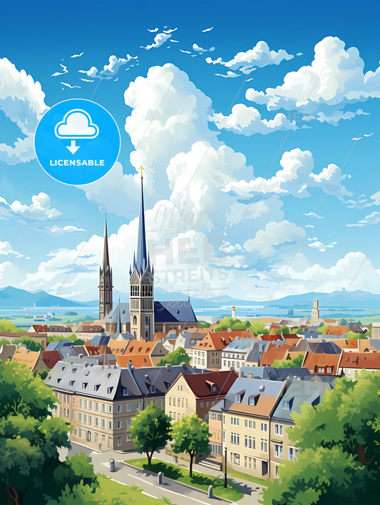 A City With A Tall Spire And Trees