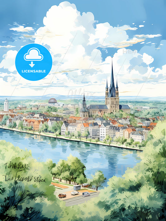 A Watercolor Of A City With A River And Trees