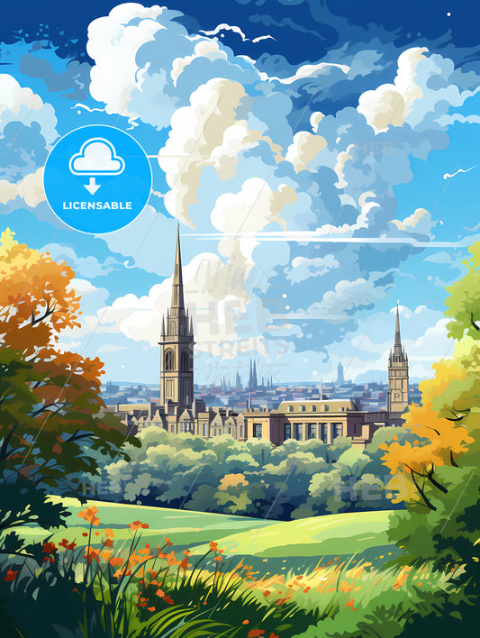 A Landscape Of A City With Trees And A Building