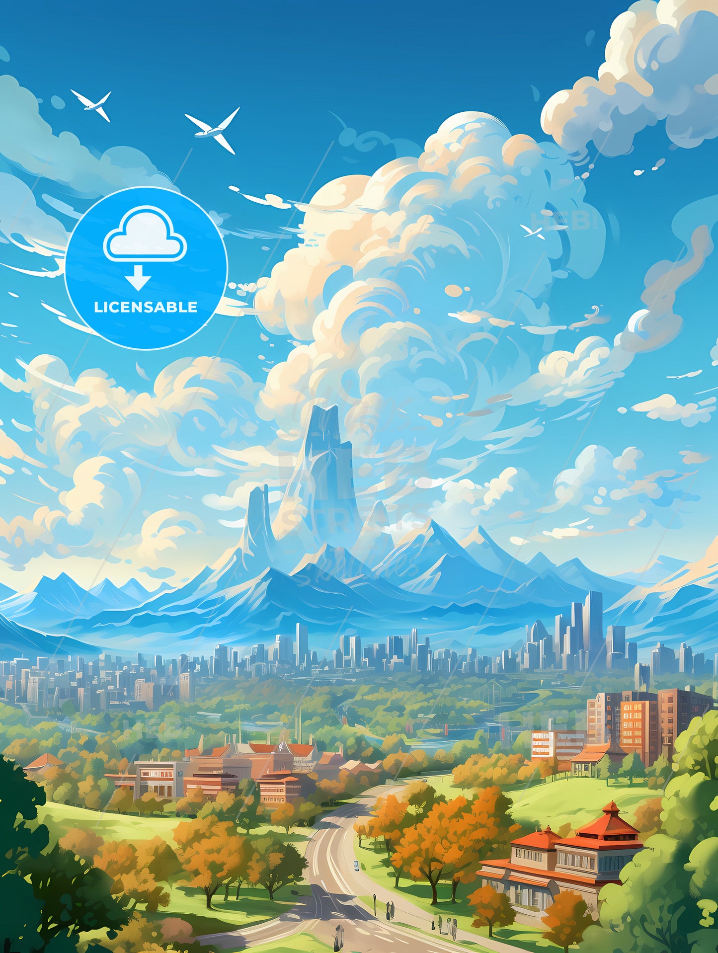 A Landscape Of A City With Mountains And Trees