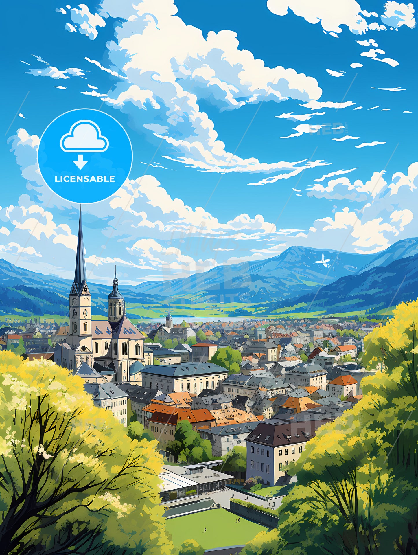 A City With A Steeple And Trees