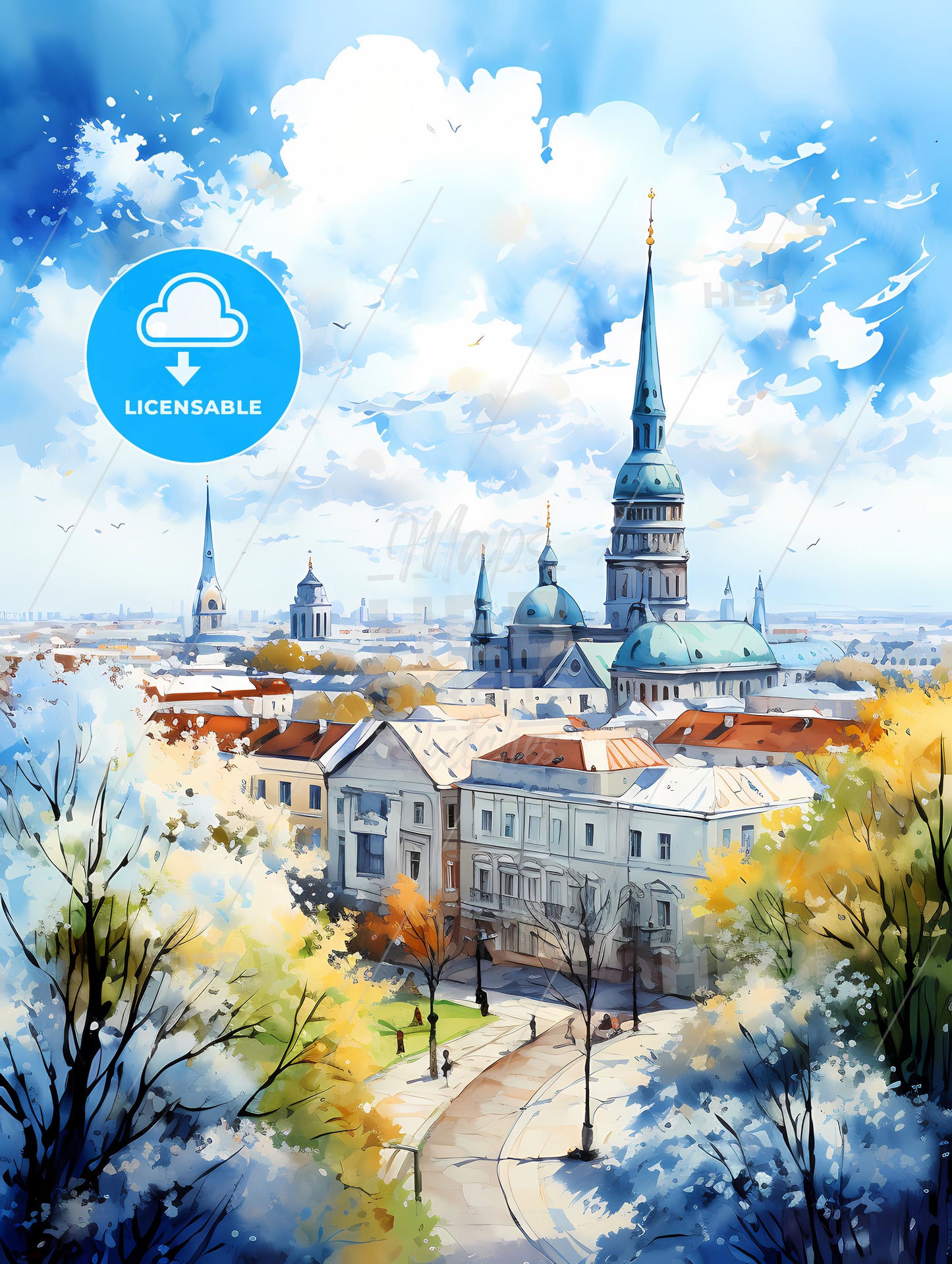 A Watercolor Painting Of A City